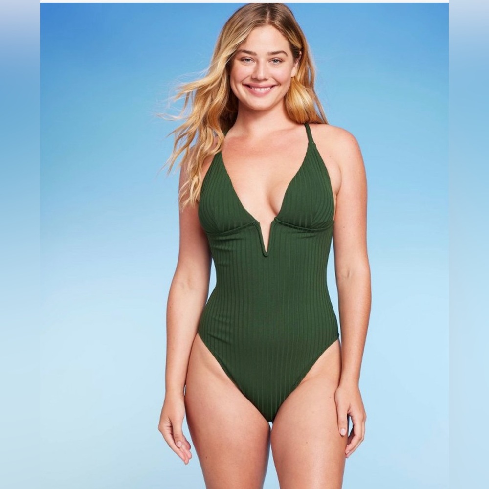 Ribbed One piece swimsuit dark green L